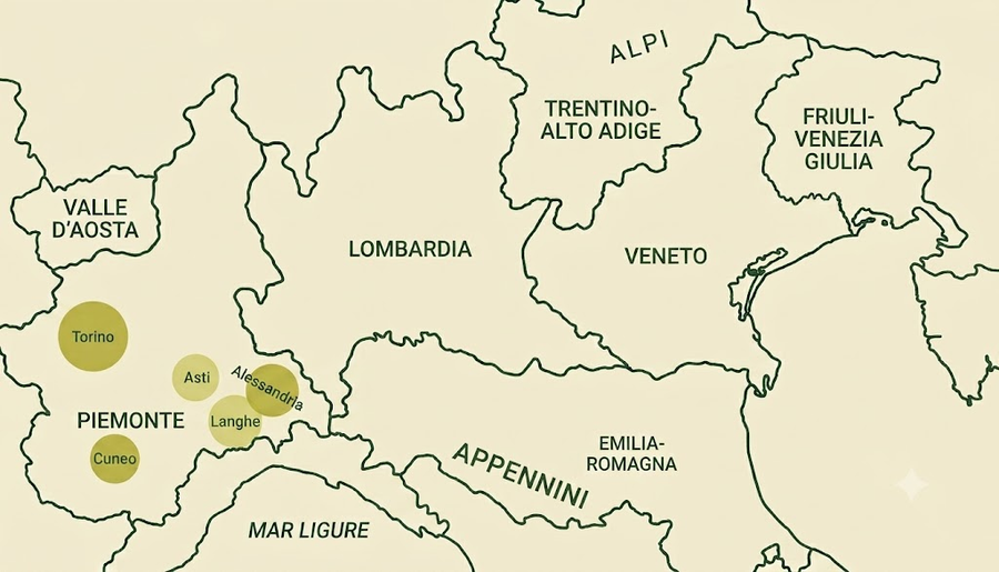 Mappa del Nord Italia con le zone dei produttori in Piemonte: Torino, Cuneo, Asti, Alessandria e Langhe